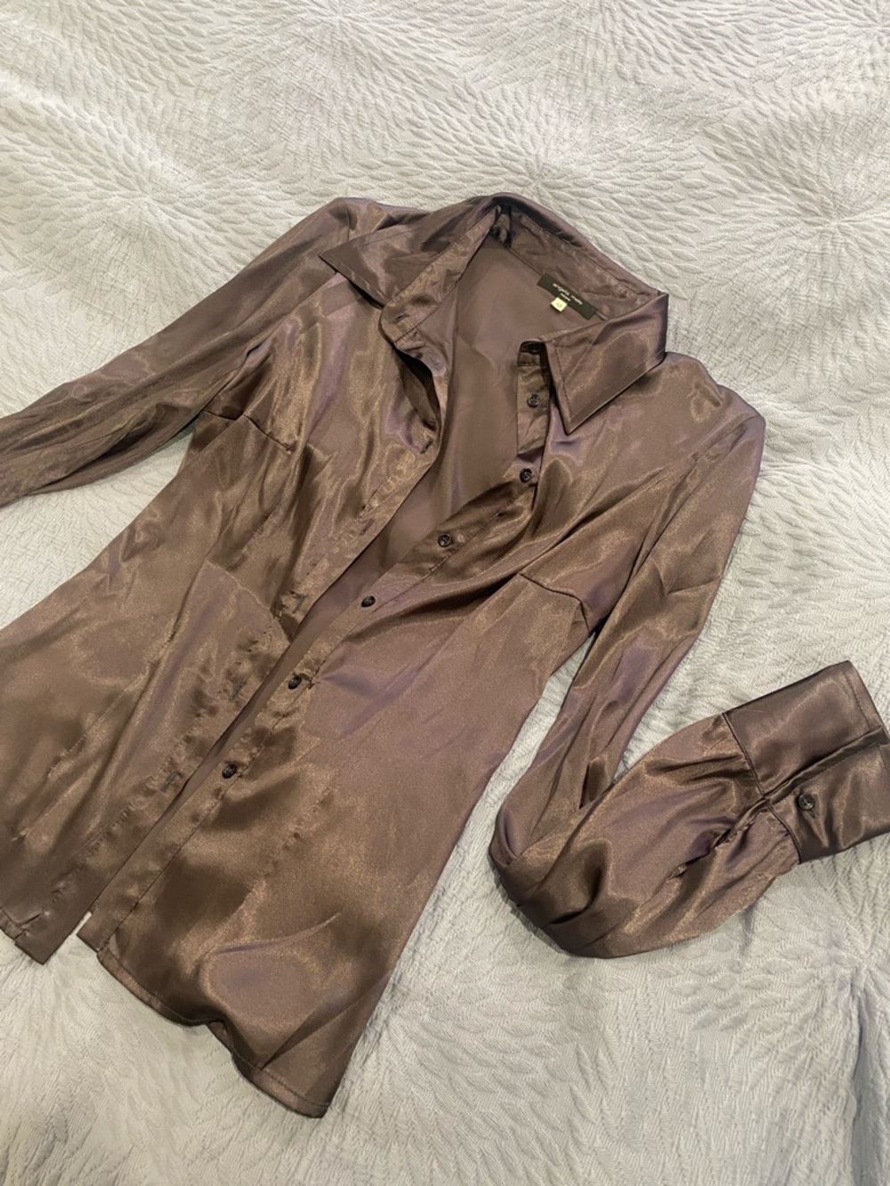 Satin Button-Up Blouse in Brown